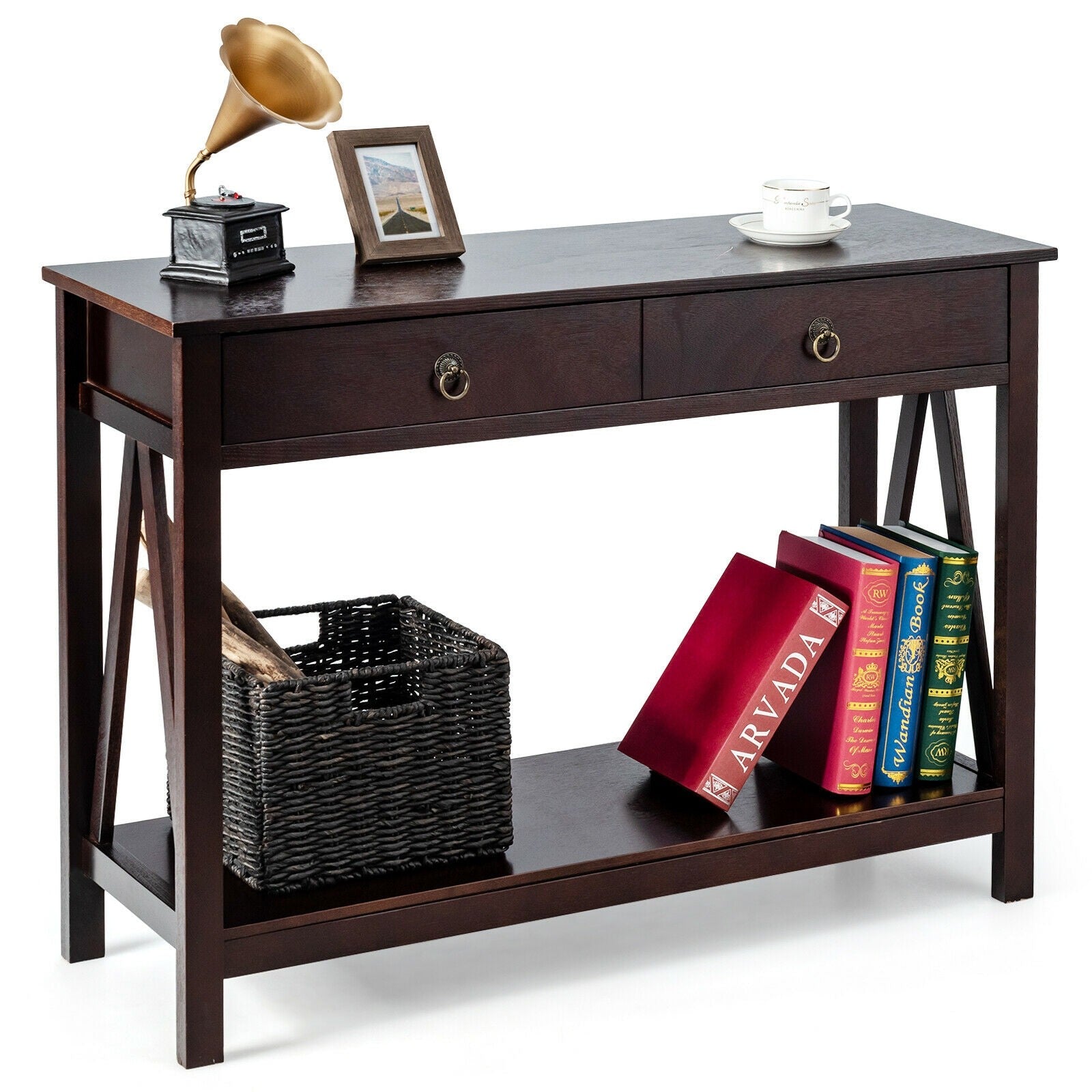 Console Table 2-Tier with Storage Drawers and Shelf