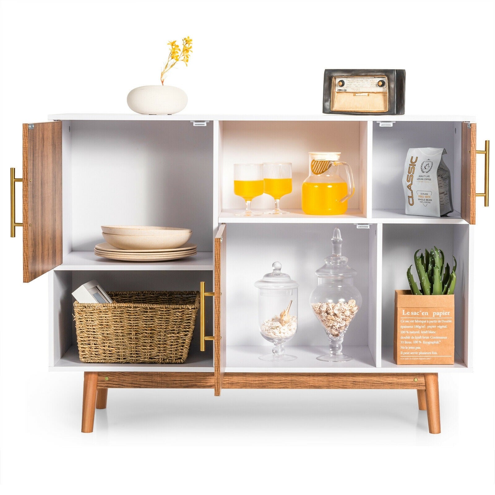 Sideboard Storage Cabinet W/Storage Compartments, Doors and Wood Legs