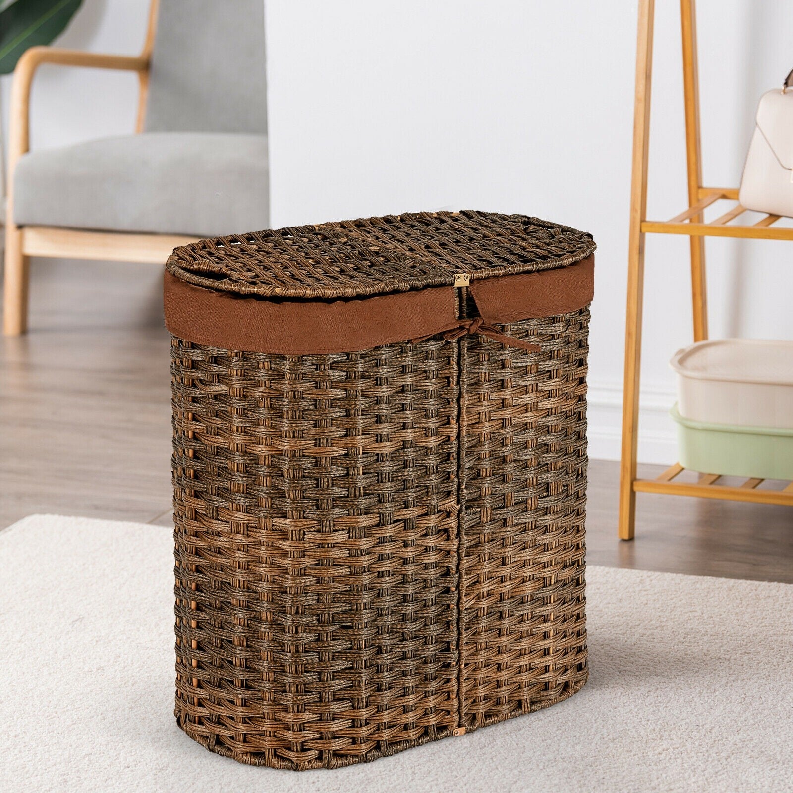 Hand-Woven Double Laundry Hamper with Lid