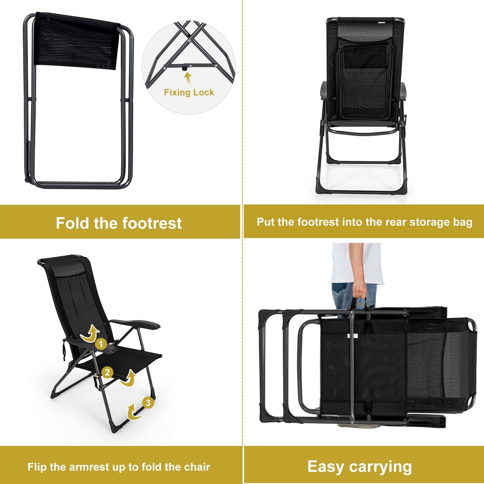 Giantex 2 Pcs Folding Patio Chairs, 2 PCS Footrest, Portable Sling Chairs (Black)