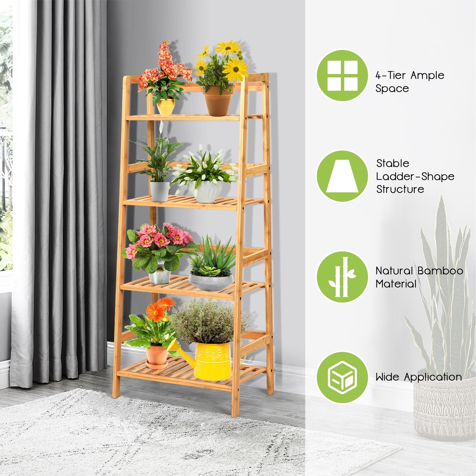 4-Tier Ladder Shelf Plant Stand, Bamboo Flower Pots Holder Display Rack - Giantexus