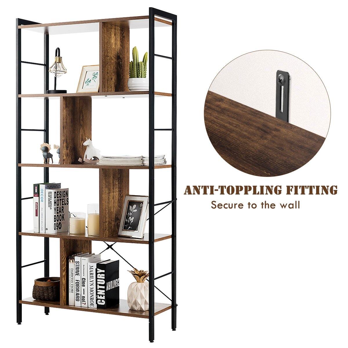 4-Tier Bookshelf, Industrial Style Bookcase with Metal Frame (Rustic Brown) - Giantexus