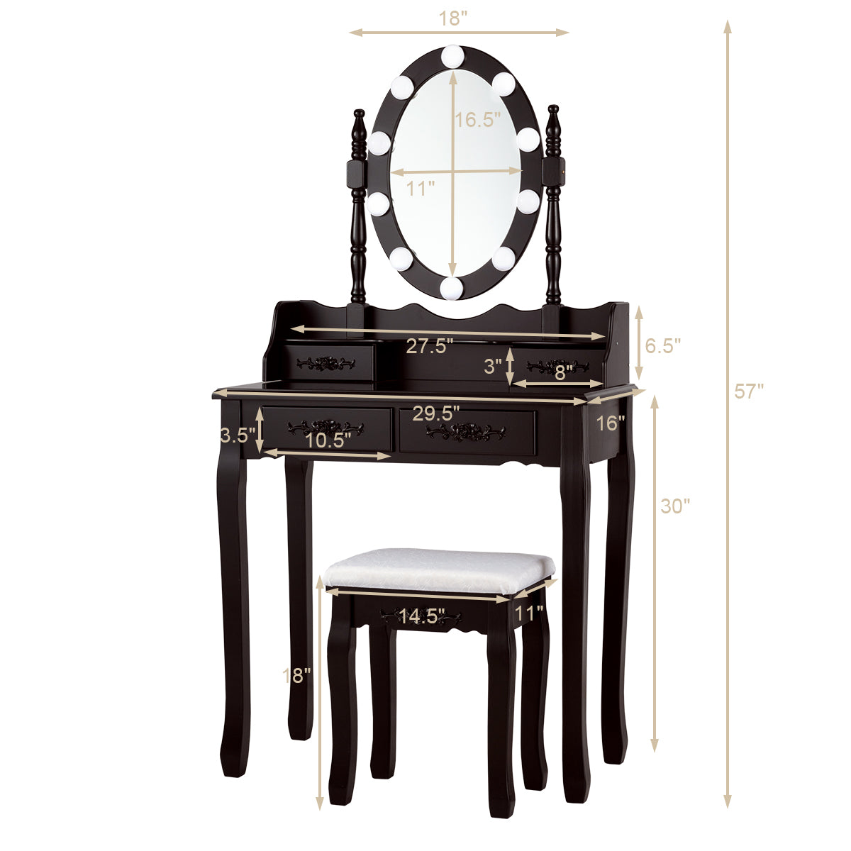 Makeup Dressing Table w/Lighted Oval Mirror and Touch Switch