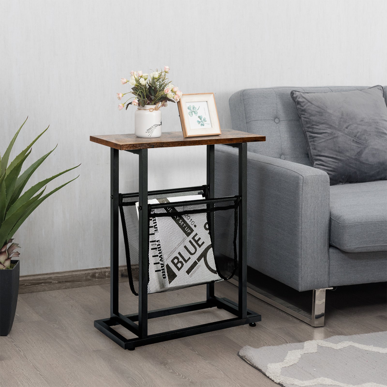 Giantex End Table Industrial 2-Tier Narrow Small Accent Table with Mesh Magazine Holder Sling