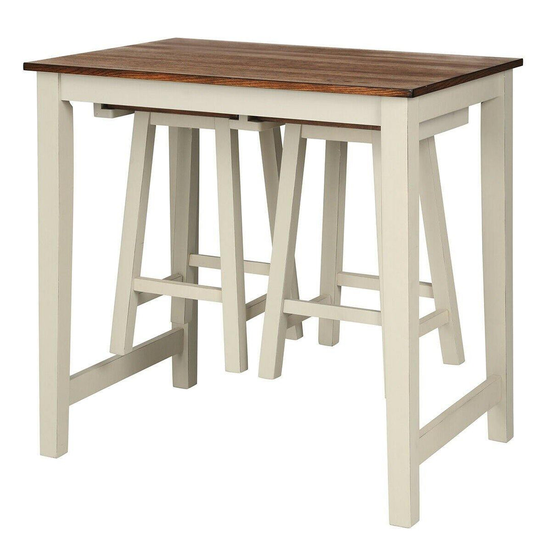 3 Piece Pub Dining Set, Counter Height Pub Table with 2 Saddle Bar Stools, Tavern Collection Table (Brown & Milky White) - Giantexus