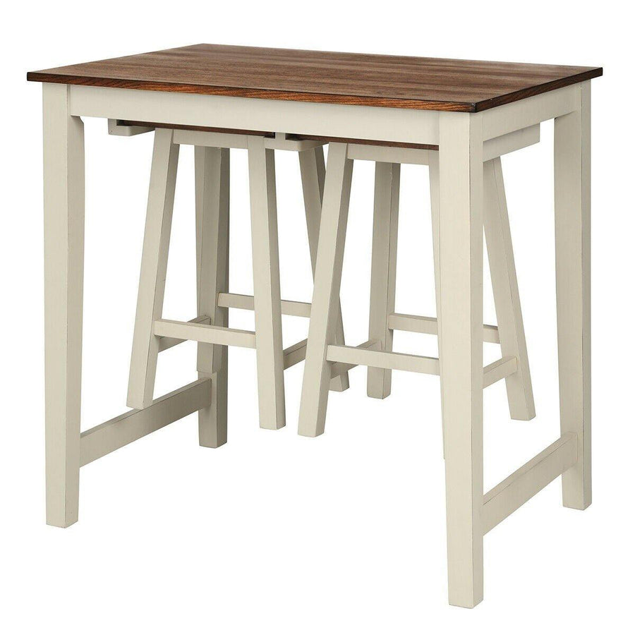 3 Piece Pub Dining Set, Counter Height Pub Table with 2 Saddle Bar Stools, Tavern Collection Table (Brown & Milky White) - Giantexus