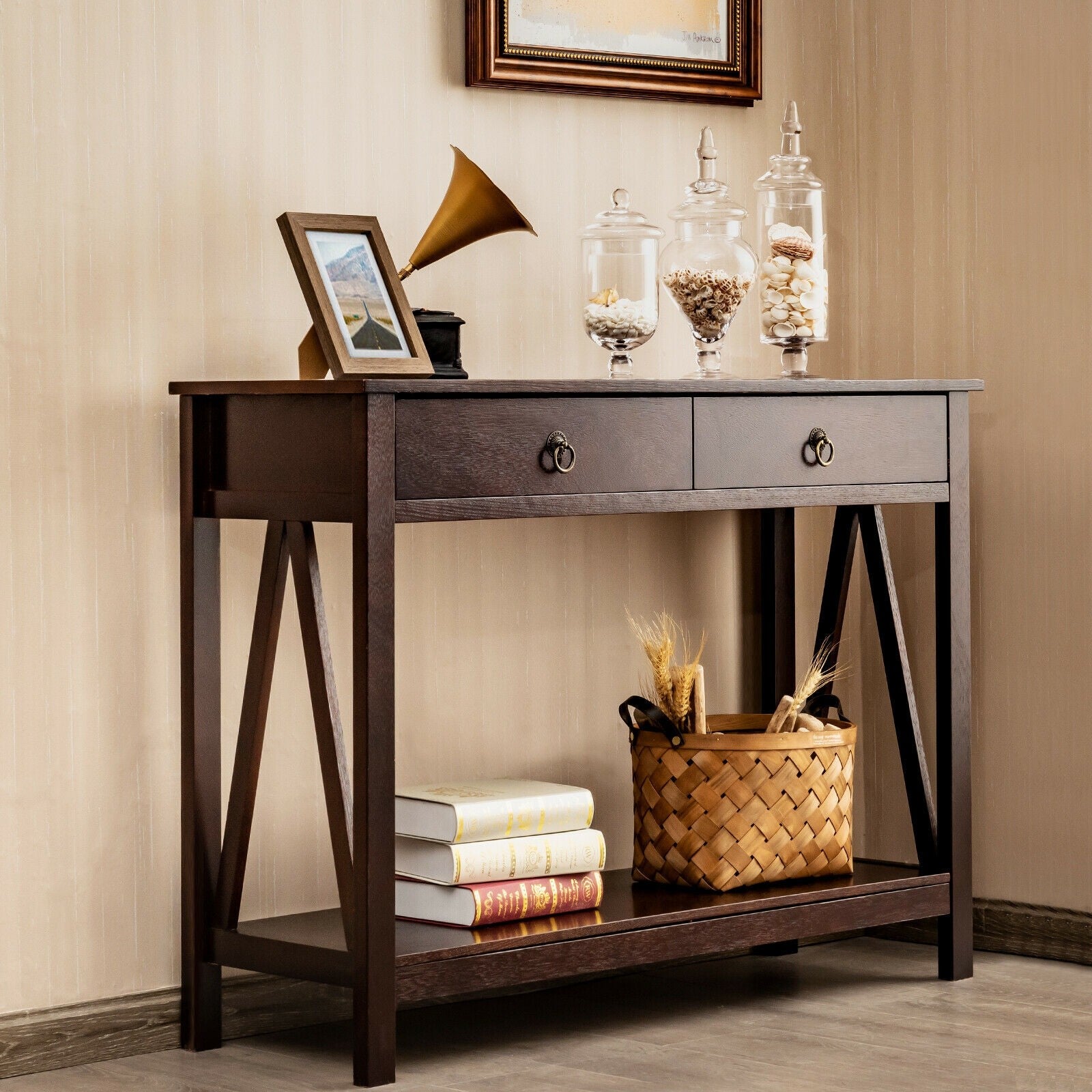 Console Table 2-Tier with Storage Drawers and Shelf