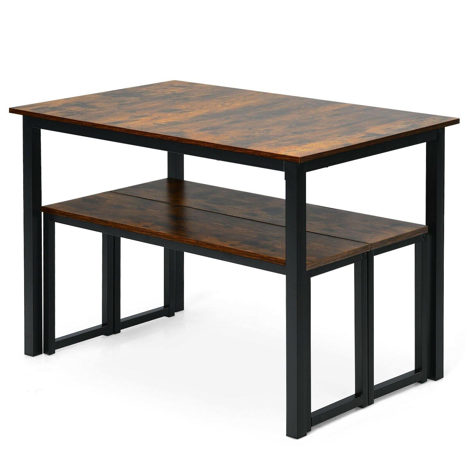 3-Piece Dining Table Set with 2 Benches, Kitchen Bench Table Set - Giantexus