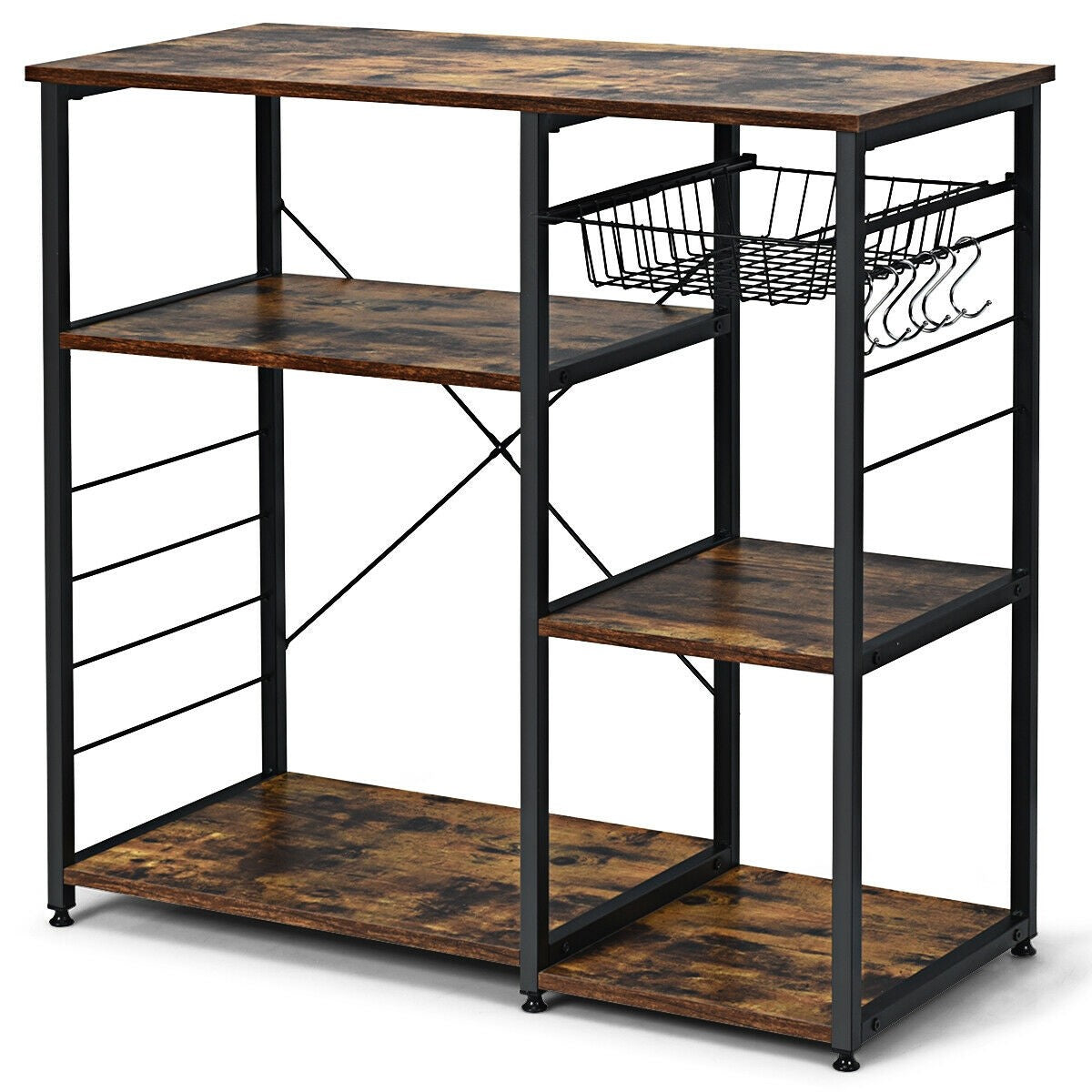 Kitchen Baker's Rack Industrial Style Microwave Oven Stand with Wire Basket