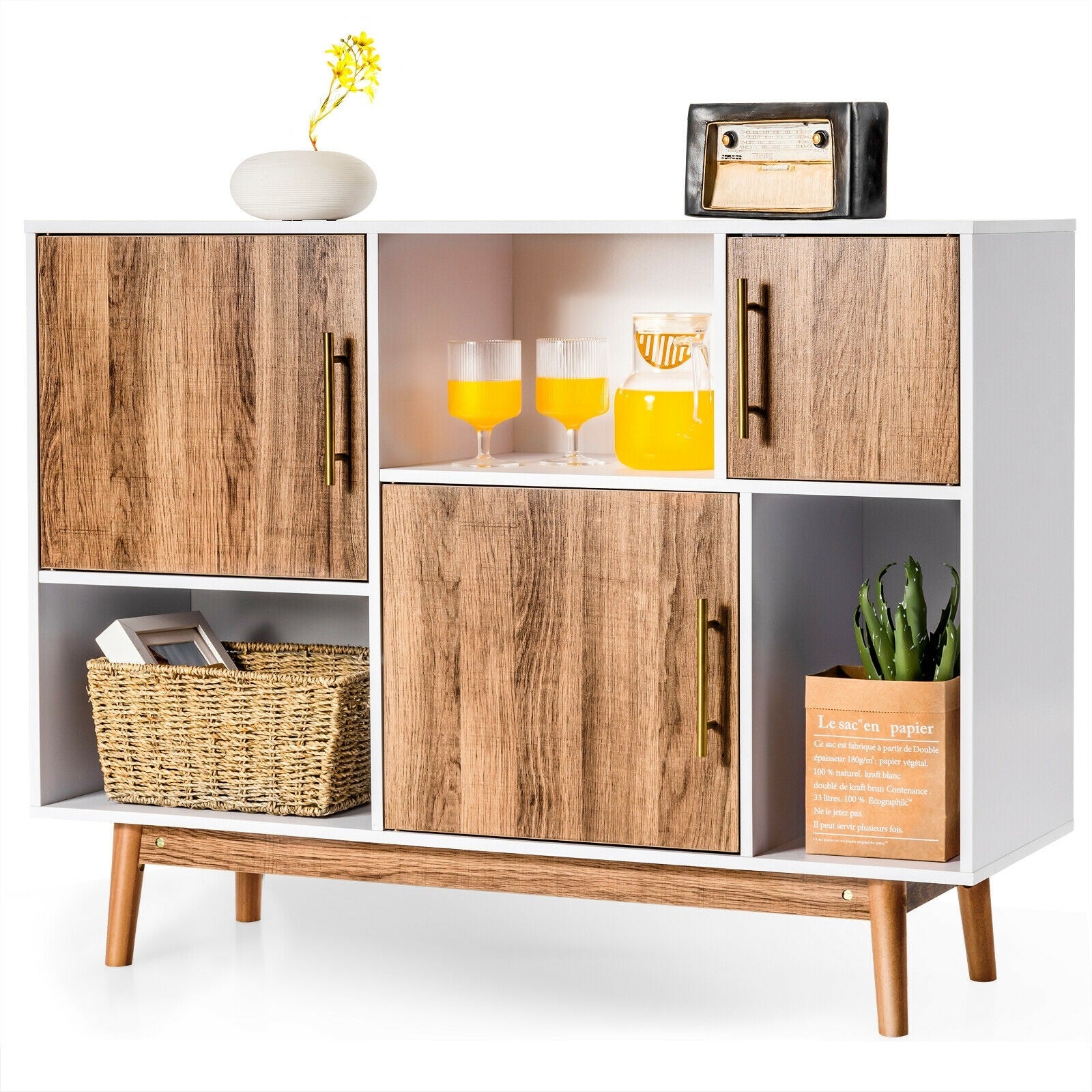 Sideboard Storage Cabinet W/Storage Compartments, Doors and Wood Legs