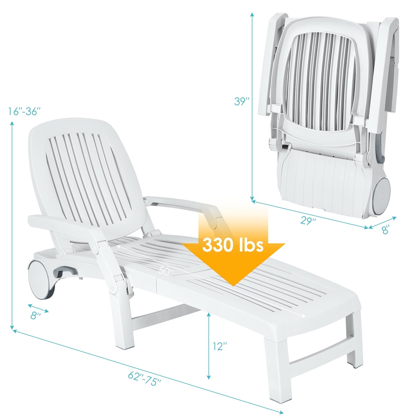 Chaise Lounge Outdoor,Foldable Sun Lounger with Wheels - Giantexus