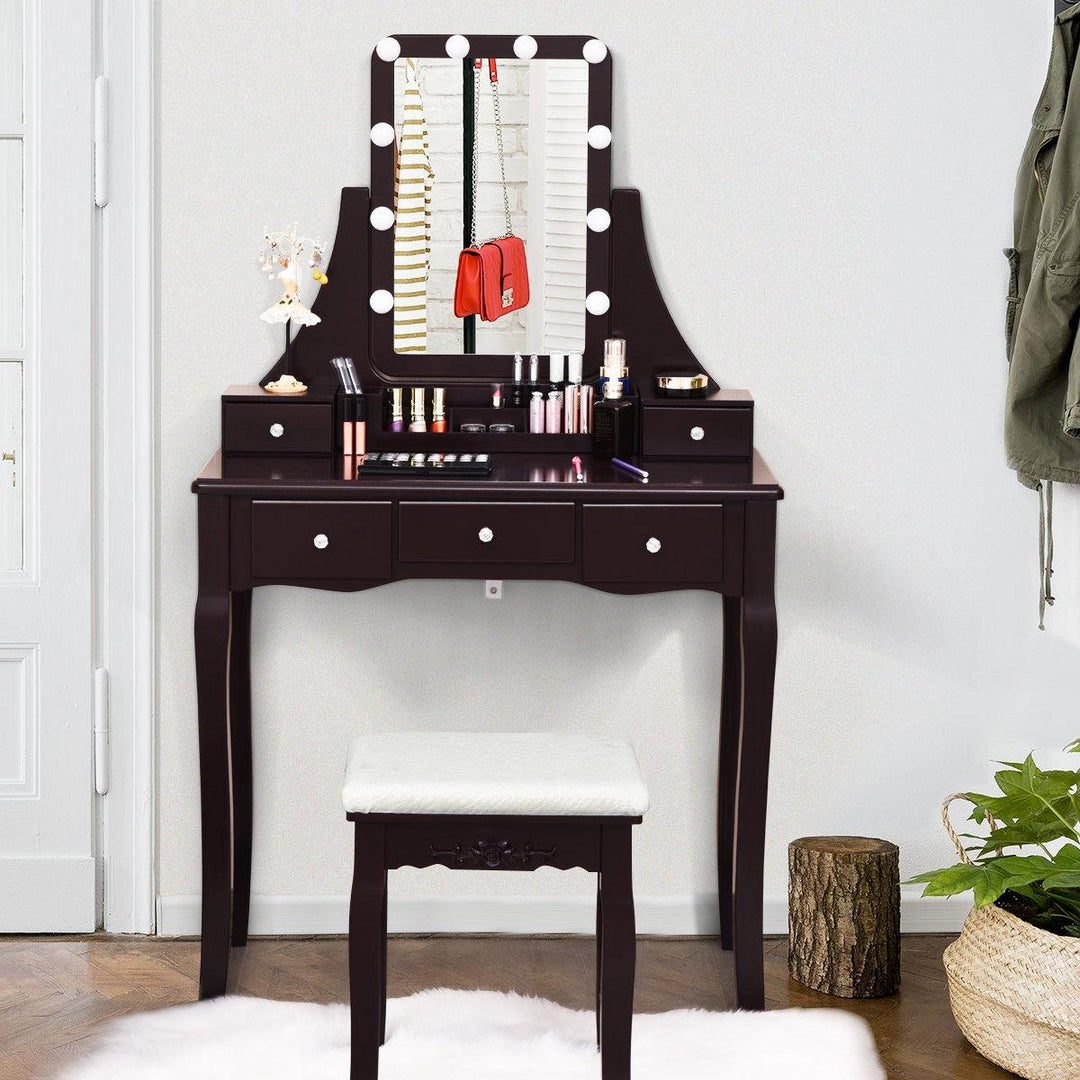 Vanity Set with Lighted Mirror, 10 Dimmable Light Bulbs Vanity Dressing Table, 5 Drawer with 2 Dividers Removable Organizer - Giantexus