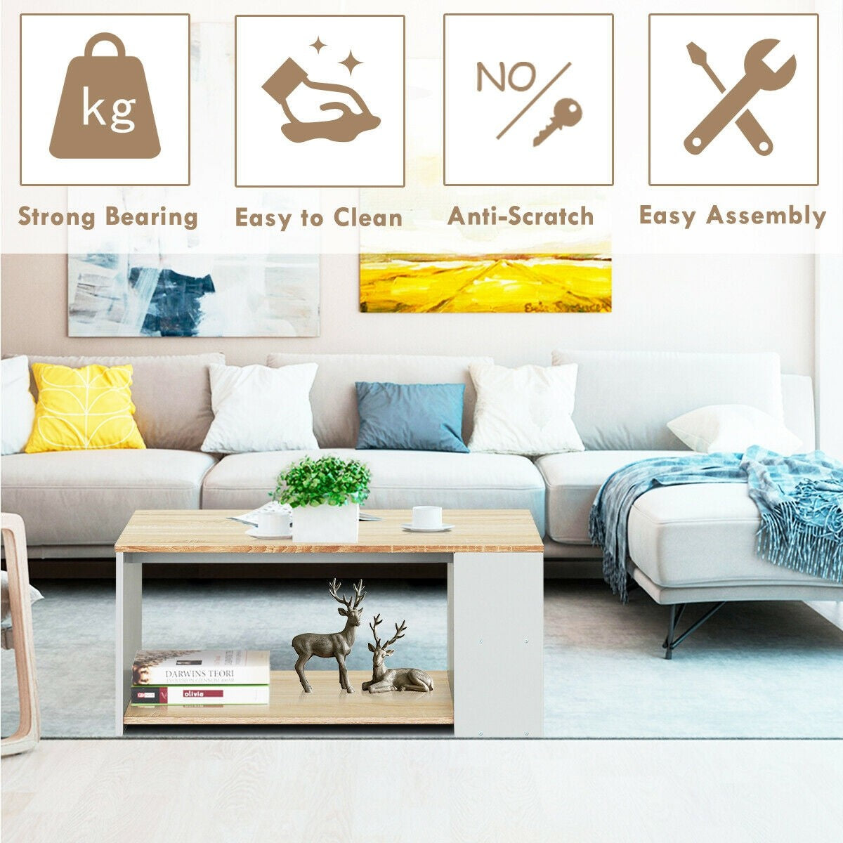Coffee Table with Storage Shelves Stable Frame,Smooth Surface & Extra Storage Space