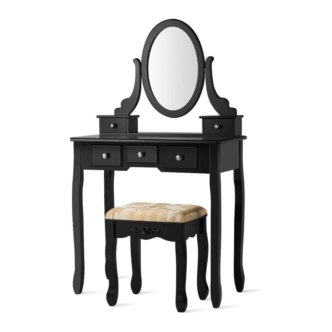 CHARMAID Vanity Table Set with Rotatable Oval Mirror (Black) - Giantexus