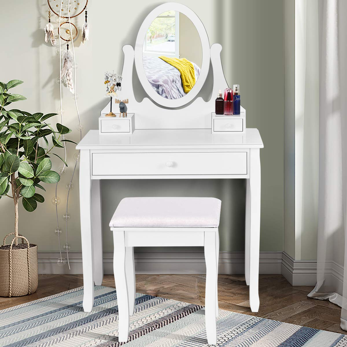 Giantex Vanity Set with Oval Mirror and Cushioned Stool