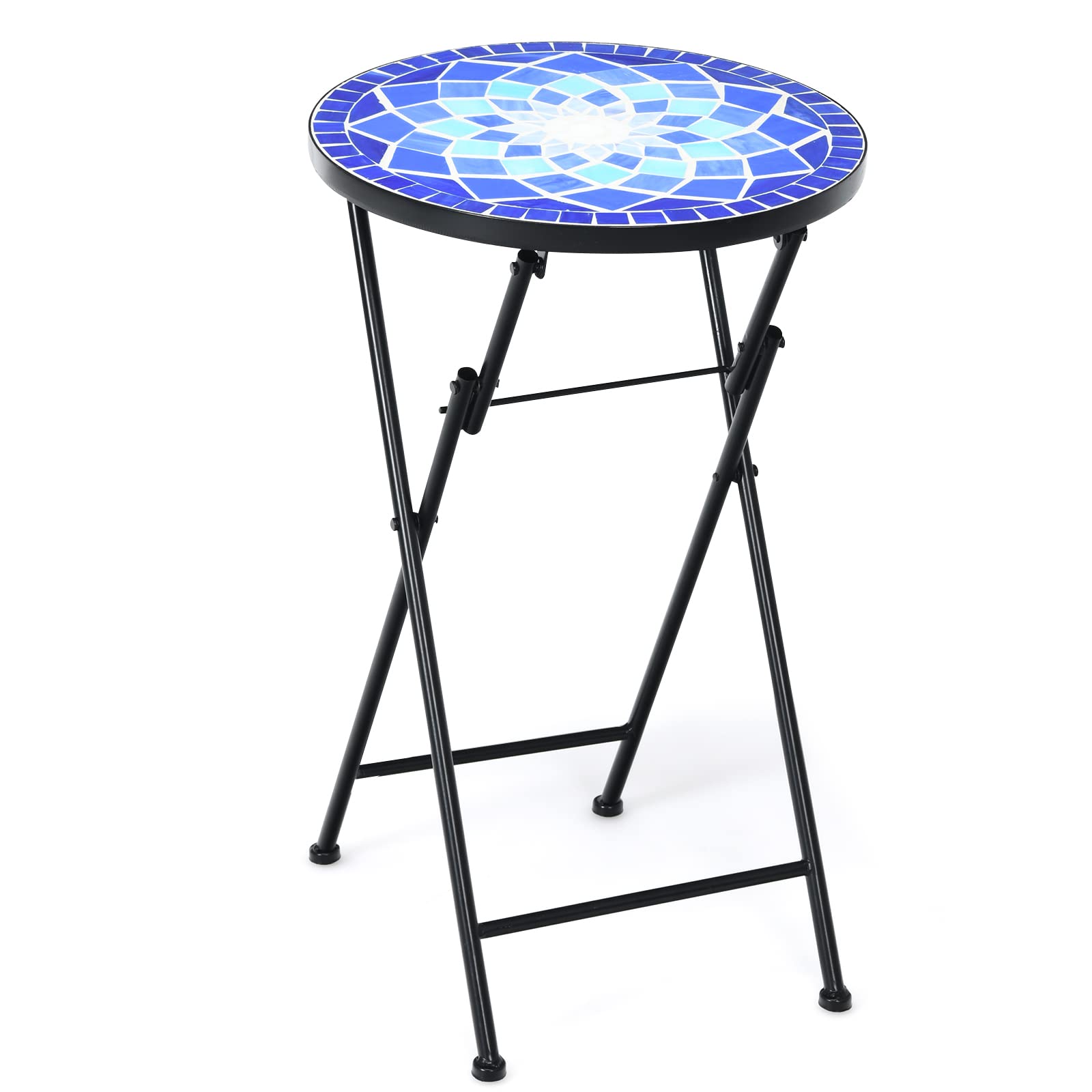 Giantex Folding Mosaic Patio Table, 14'' Outdoor Side Table Round Accent Table Plant Stand with Ceramic Tile Top
