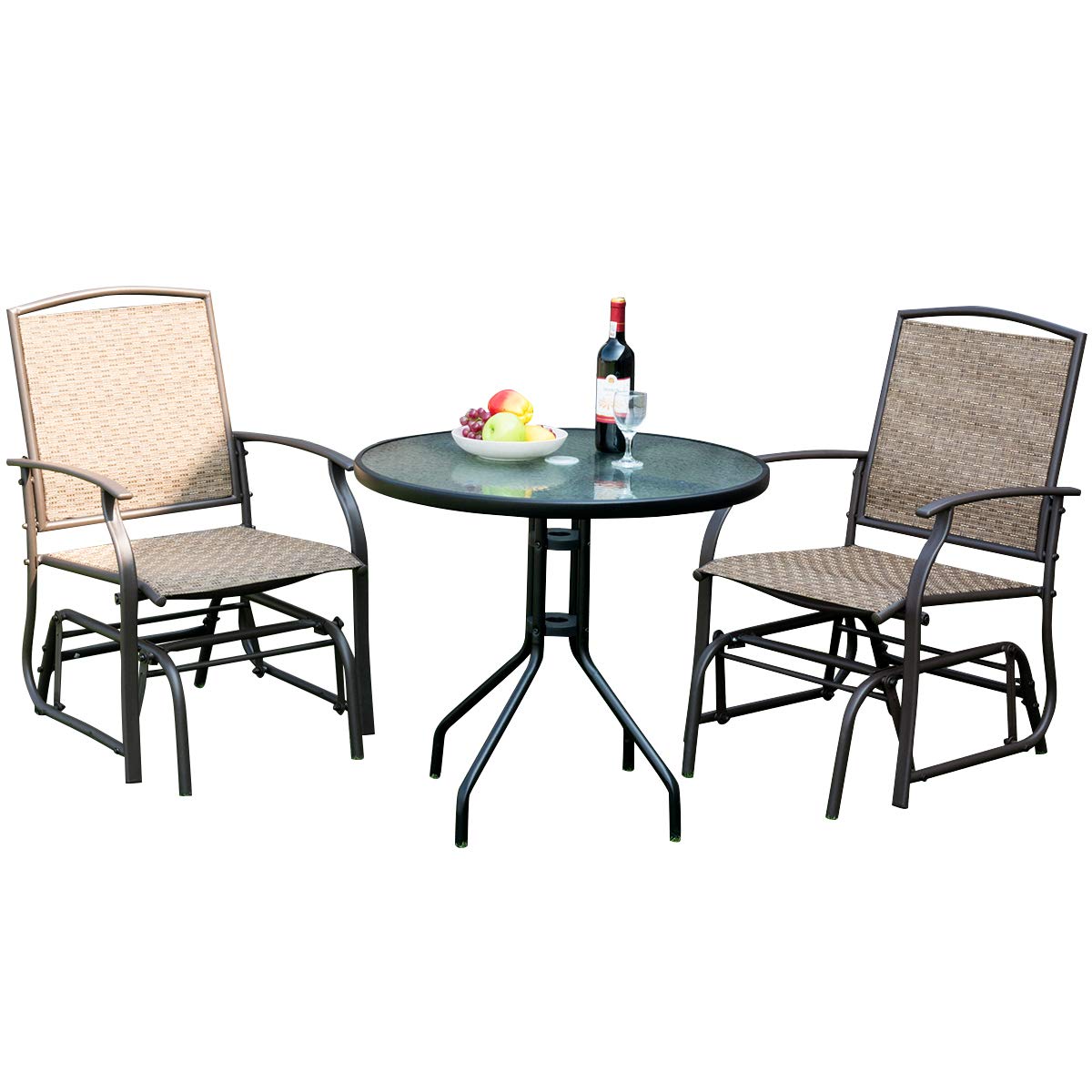 Giantex 3PCS Patio Swing Glider Set with One Glass Table W/Umbrella Hole & Two Rocking Chairs 3 -Piece