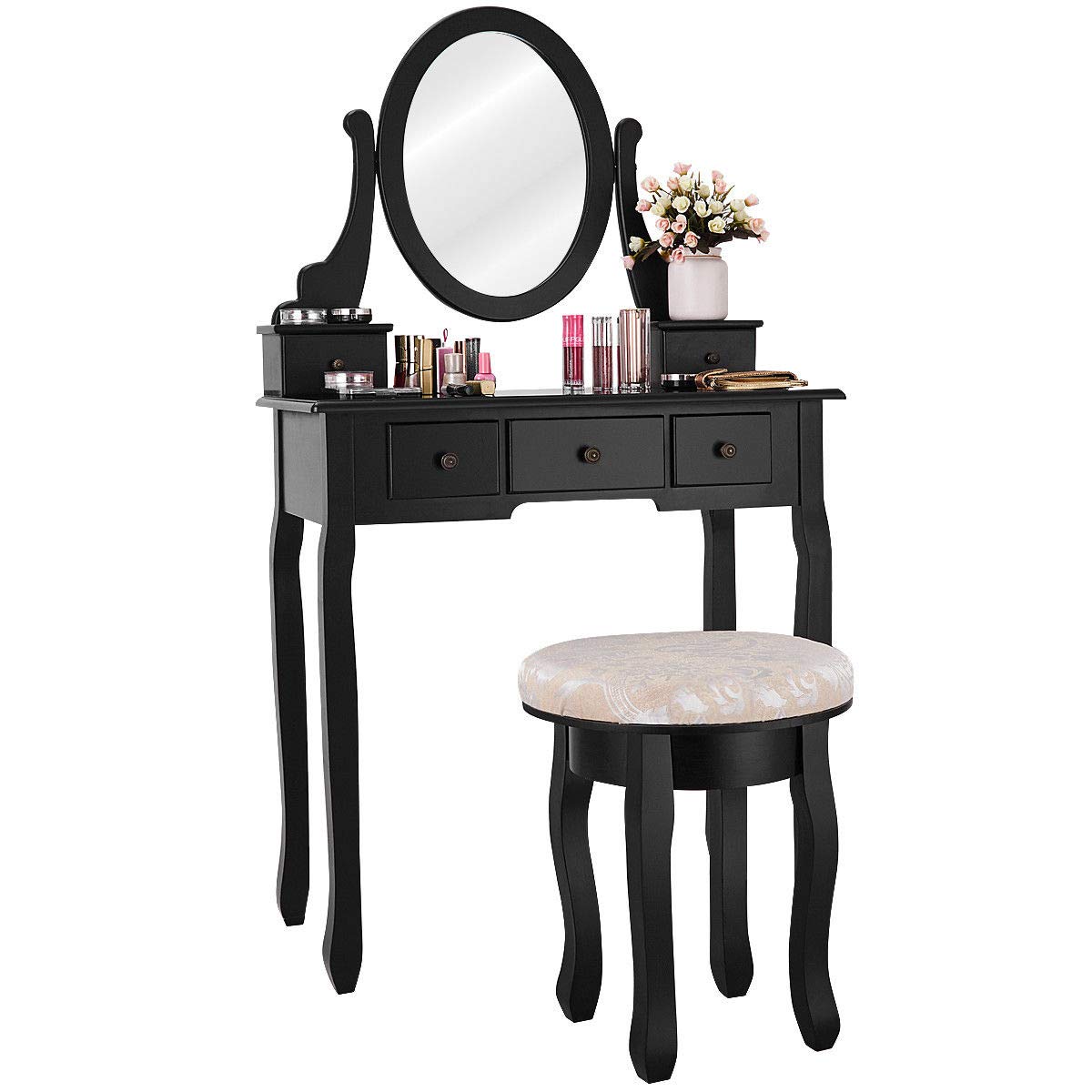 Giantex  Round 360 Degree Rotation Swivel Mirror Dressing Table Stool Wooden Vanity Set (Black with 5 Drawer)
