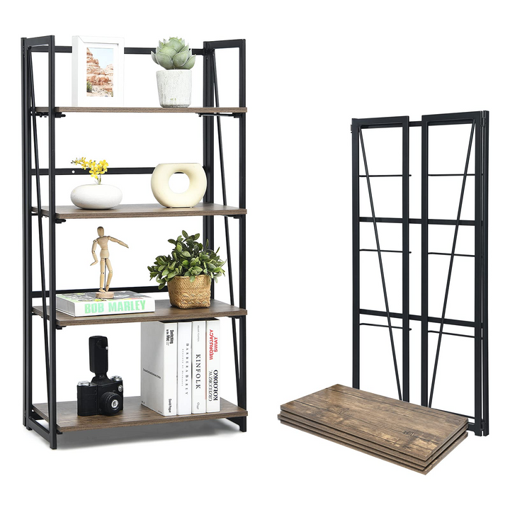 Giantex 4-Tier Bookshelf, No-Assembly Folding Industrial Storage Shelves w/ Anti-Tipping Wall Bolt