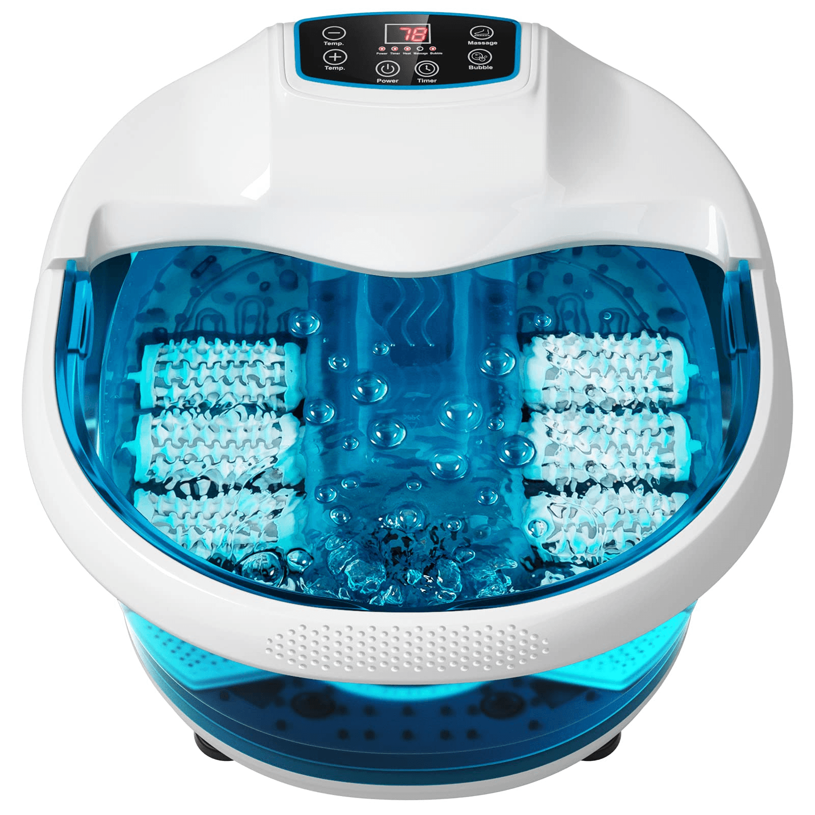 Giantex Foot Spa Bath Massager with Heat Bubbles, 6 Motorized Massage Rollers, Fast Heating, Red Light, Adjustable Temperature & Time (Blue/White) - Giantexus