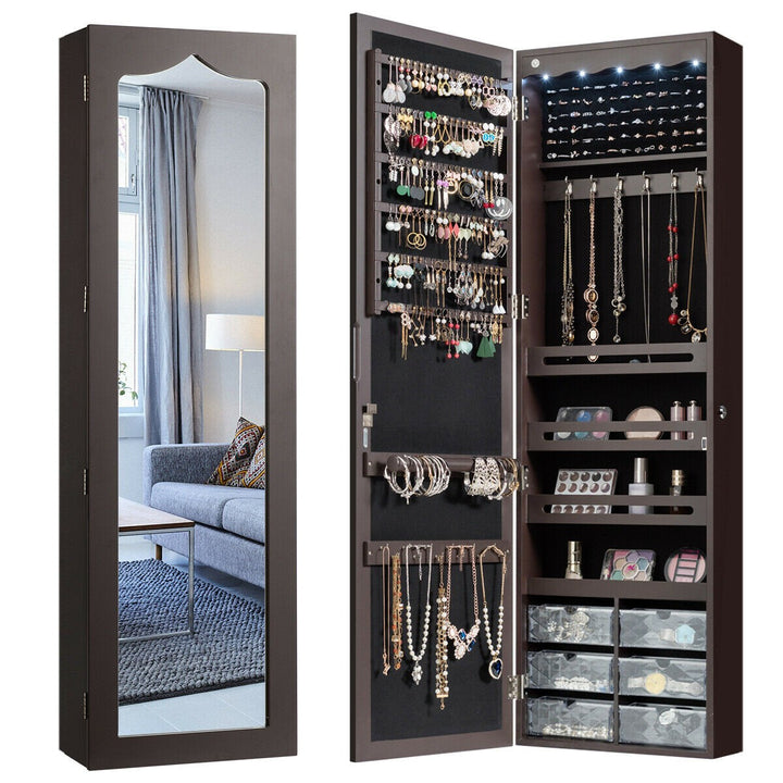 CHARMAID | 5 LEDs Jewelry Armoire Wall Mounted/Door Hanging Mirror - Giantexus