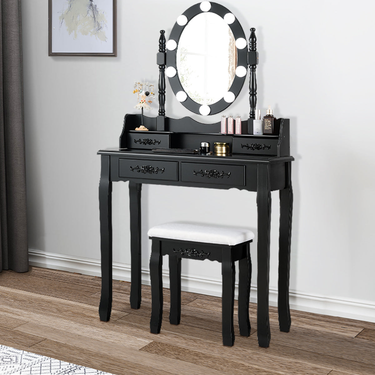 Makeup Dressing Table w/Lighted Oval Mirror and Touch Switch