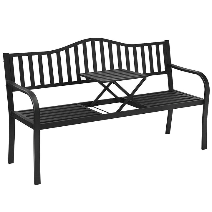 Giantex Patio Bench w/ Pullout Middle Table, Outdoor Benches2-3 Person, Metal Benches for Outside (Black)