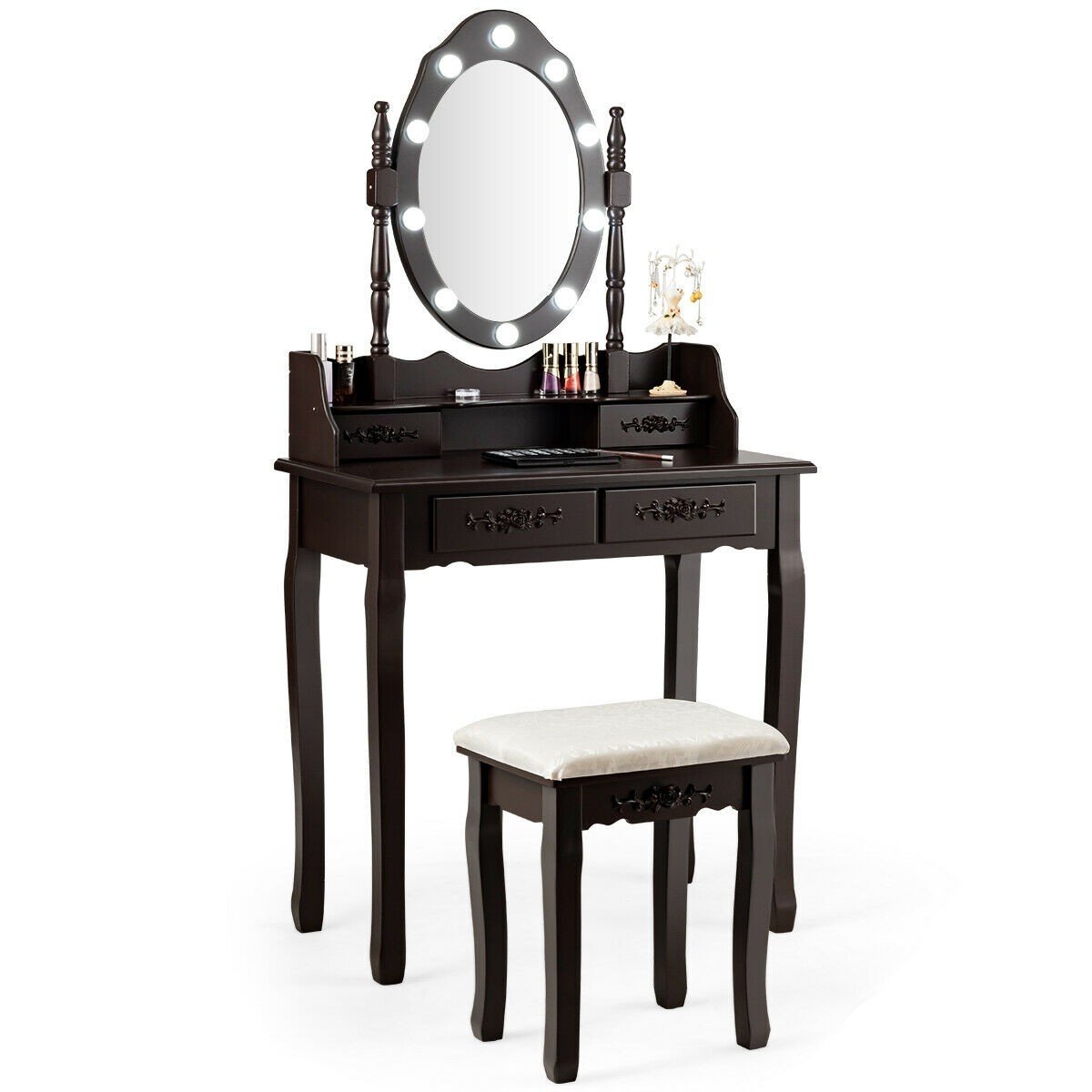 CHARMAID Vanity Set with 10 LED Lights and 4 Drawers - Giantexus