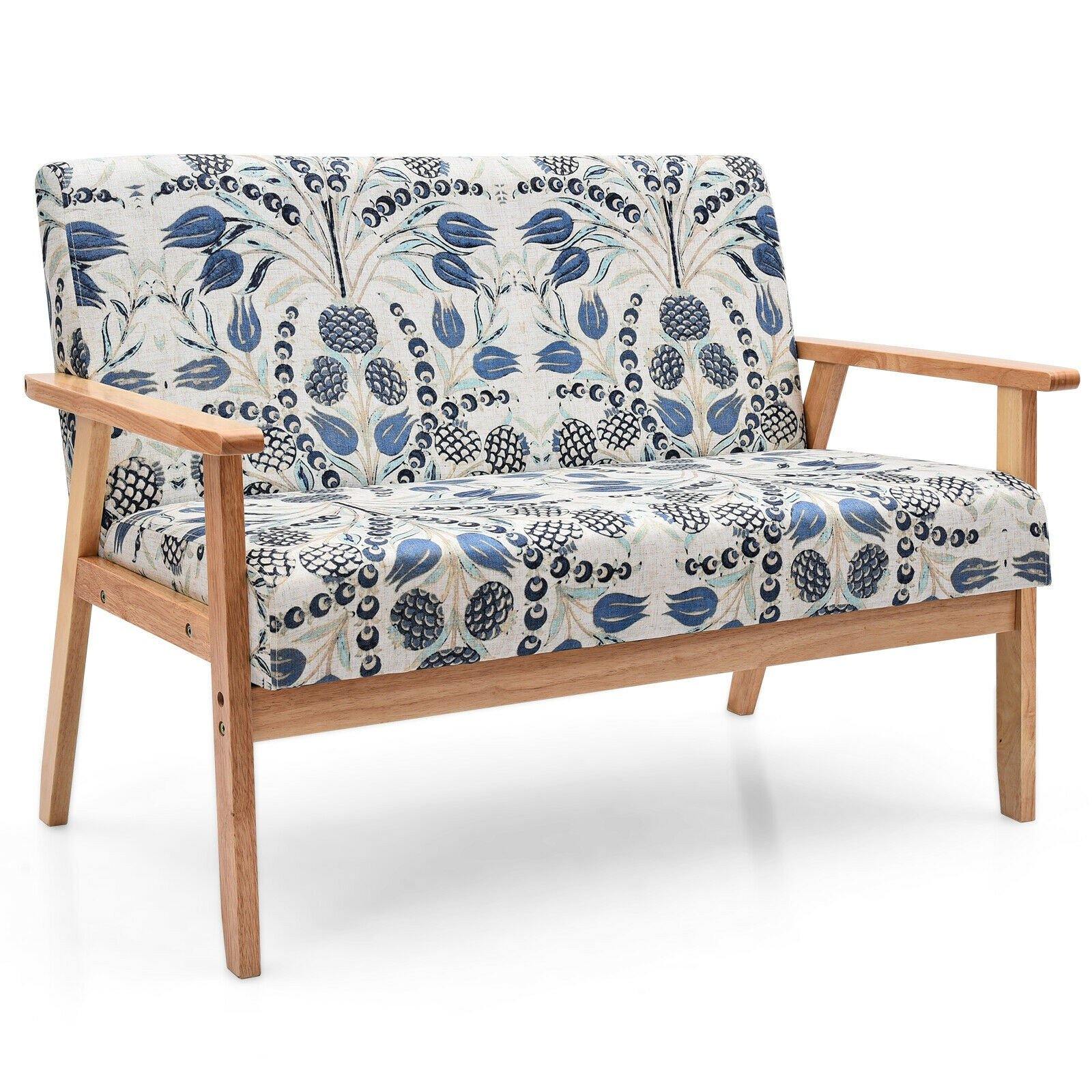 Giantex Mid-Century Wooden Loveseat, Upholstered Wooden Lounge Accent Chair - Giantexus