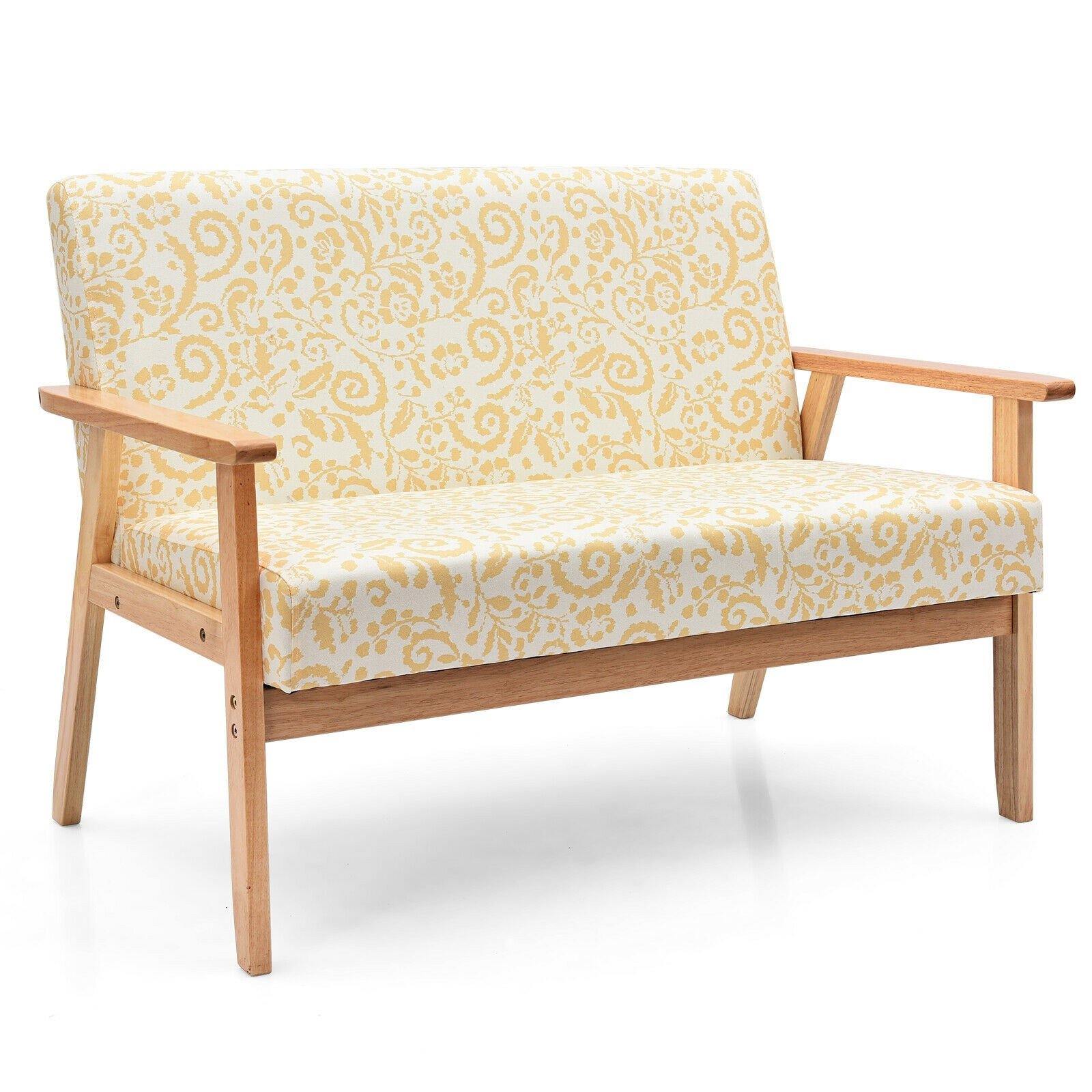 Giantex Mid-Century Wooden Loveseat, Upholstered Wooden Lounge Accent Chair - Giantexus