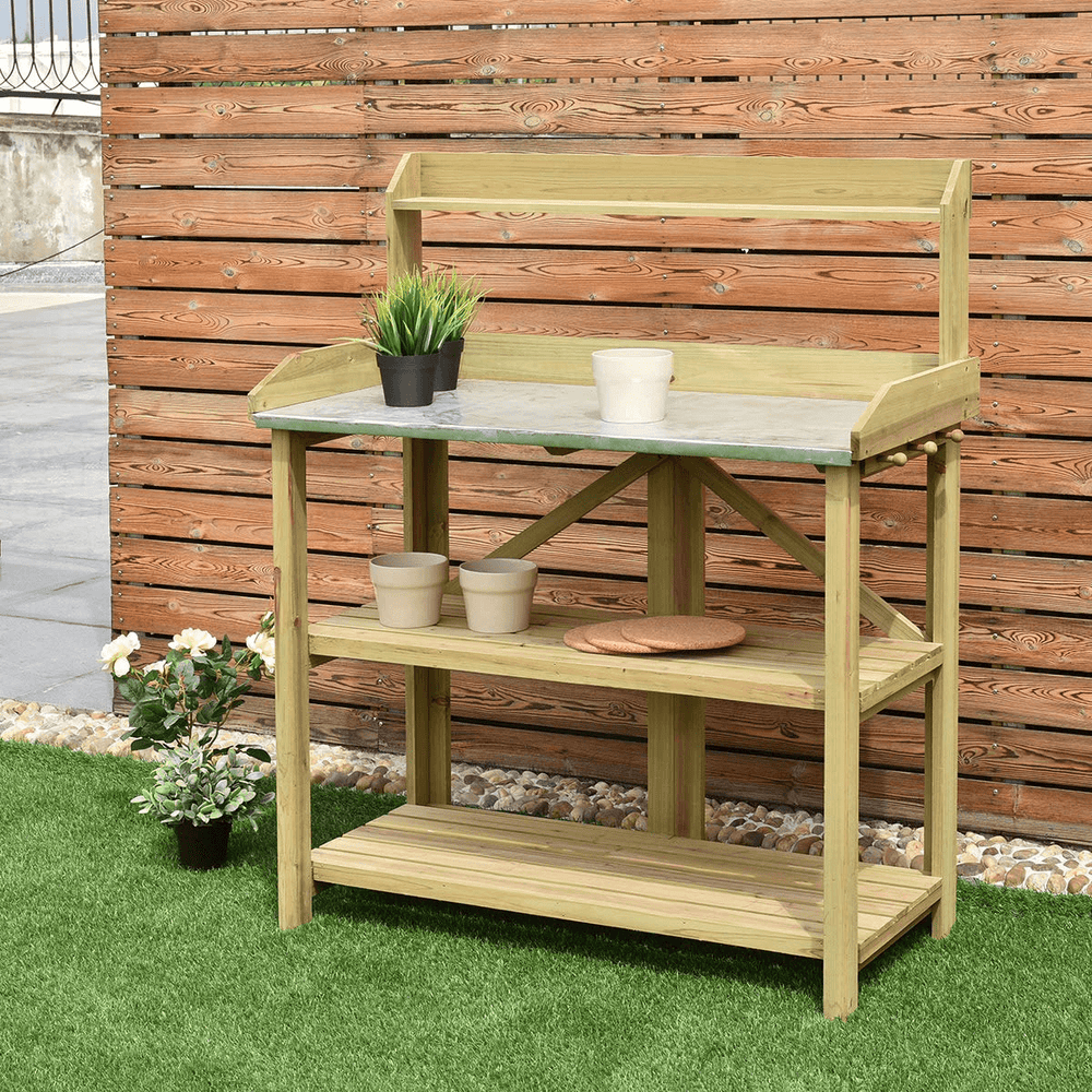 Giantex Outdoor Garden Wooden Potting Work Bench Station Planting Workbench (Light Cyan) - Giantexus