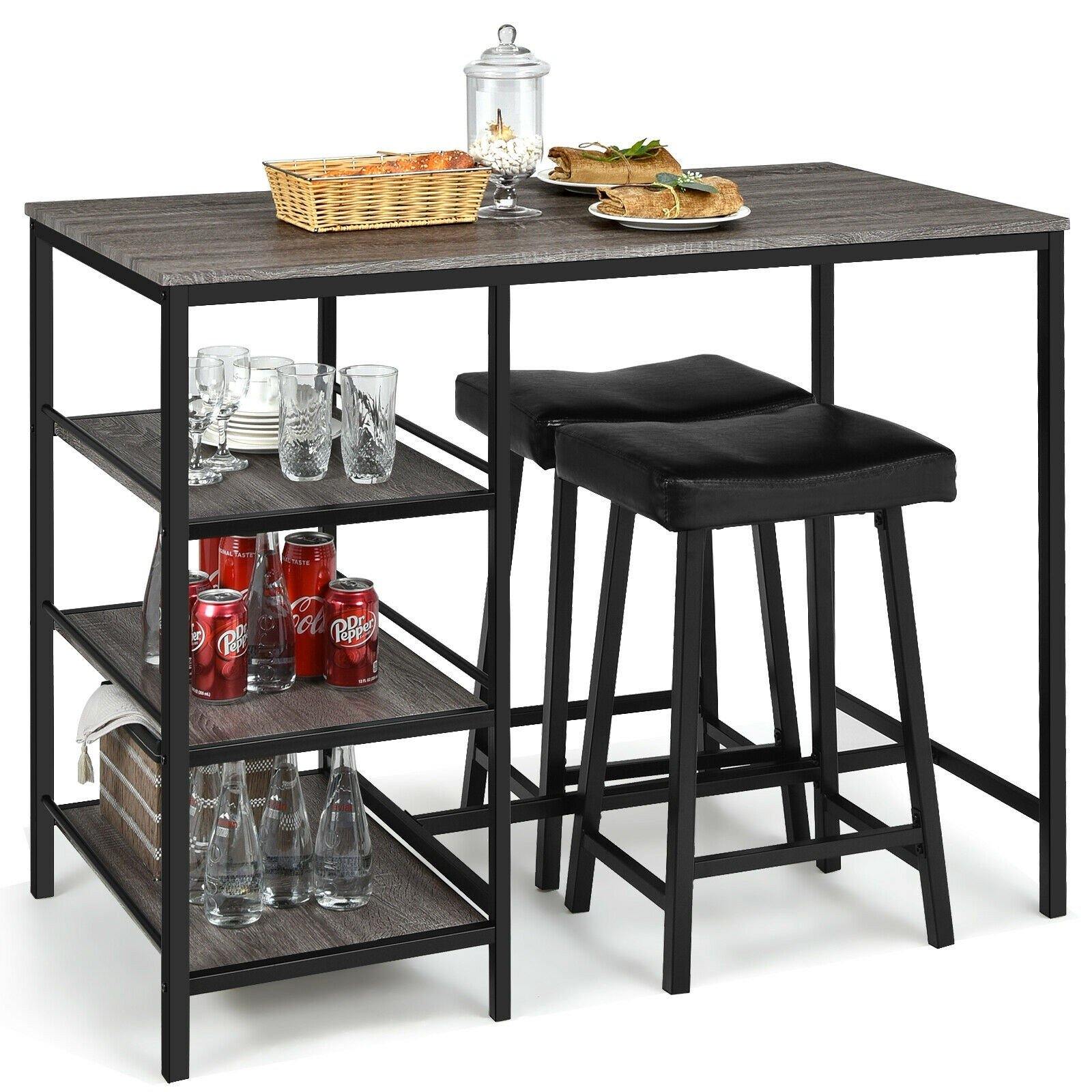 3 Piece Dining Table Set, Counter Height Pub Table & Chairs Set, 3 Tier Storage Shelves, 47 x 23.5 x 36 Inch - Giantexus