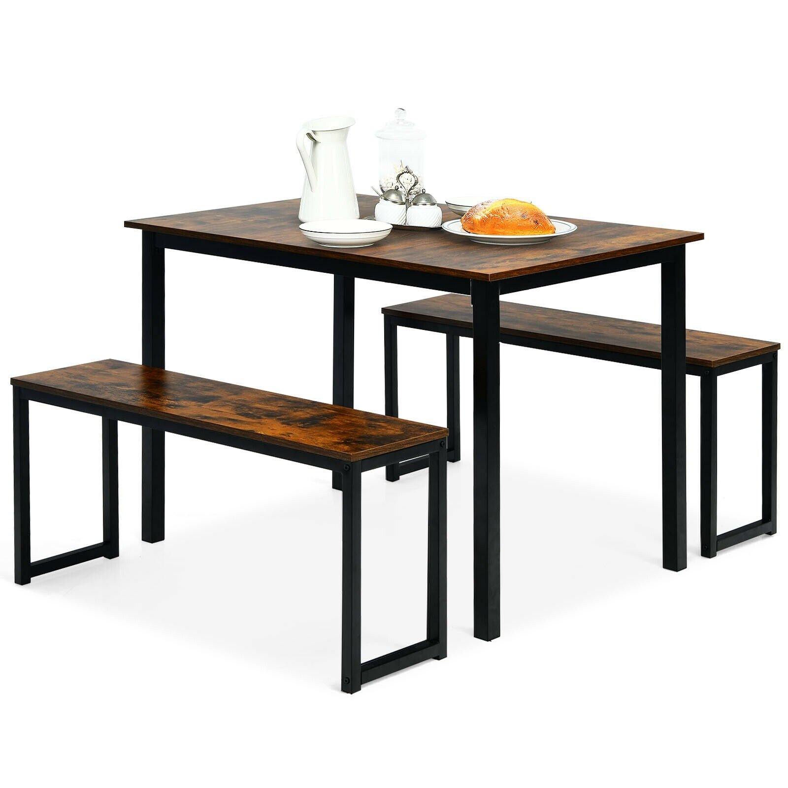 3-Piece Dining Table Set with 2 Benches, Kitchen Bench Table Set - Giantexus