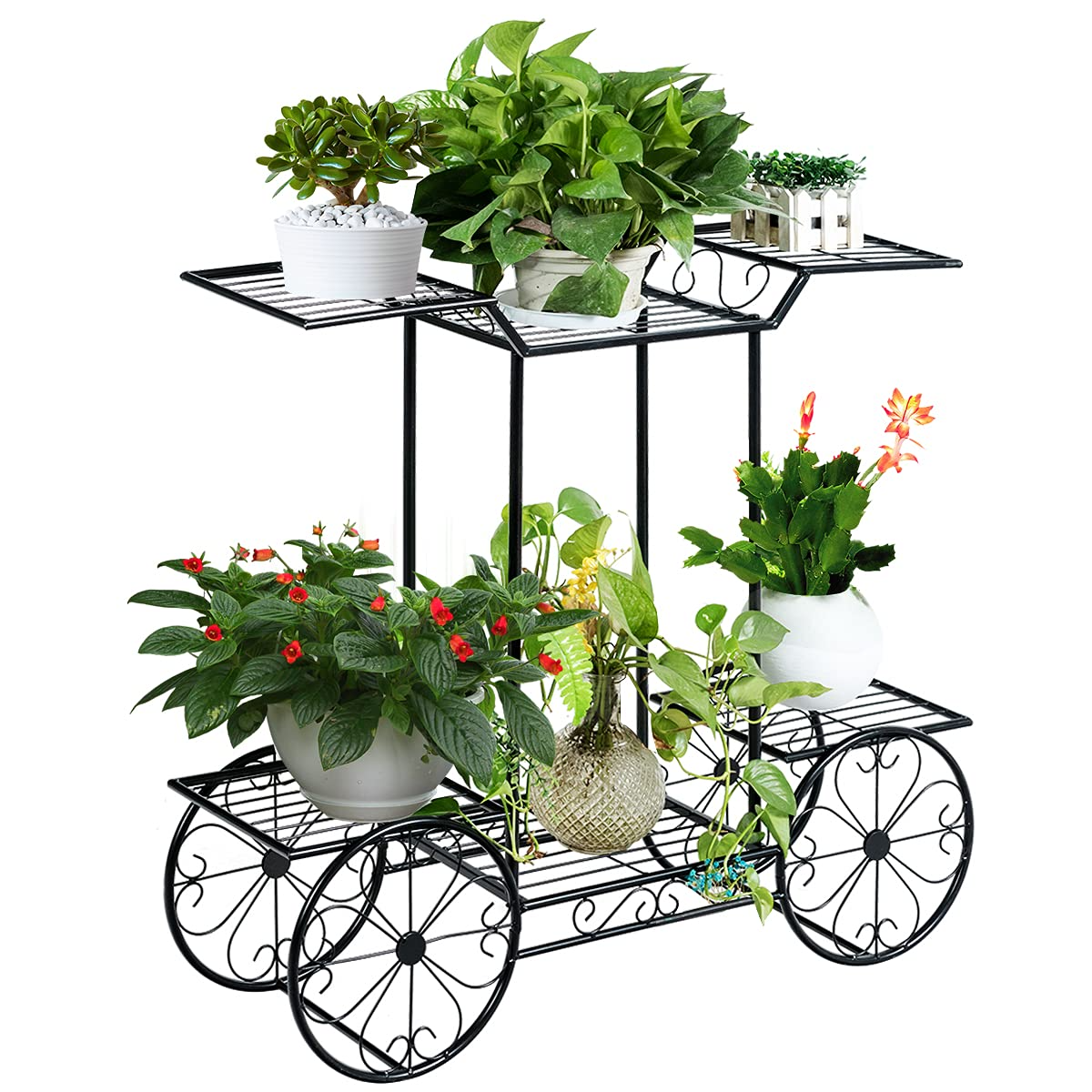 Giantex Garden Cart Metal Plant Stand with 4 Decorative Wheels