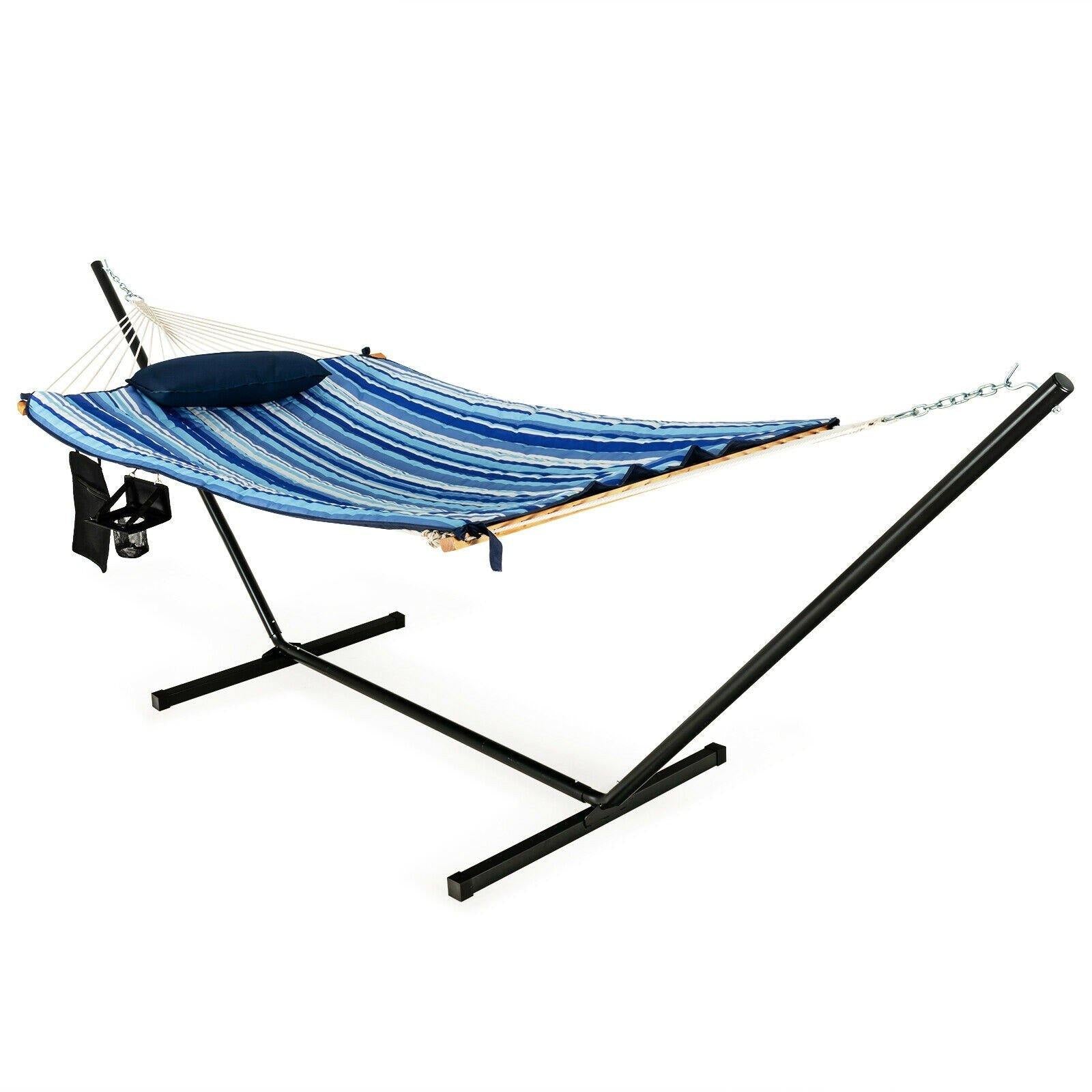 12Ft Hammock with Stand, 2 Person Heavy-Duty Steel Hammock Stand, 450 lbs Capacity (Blue and Beige Striped) - Giantexus