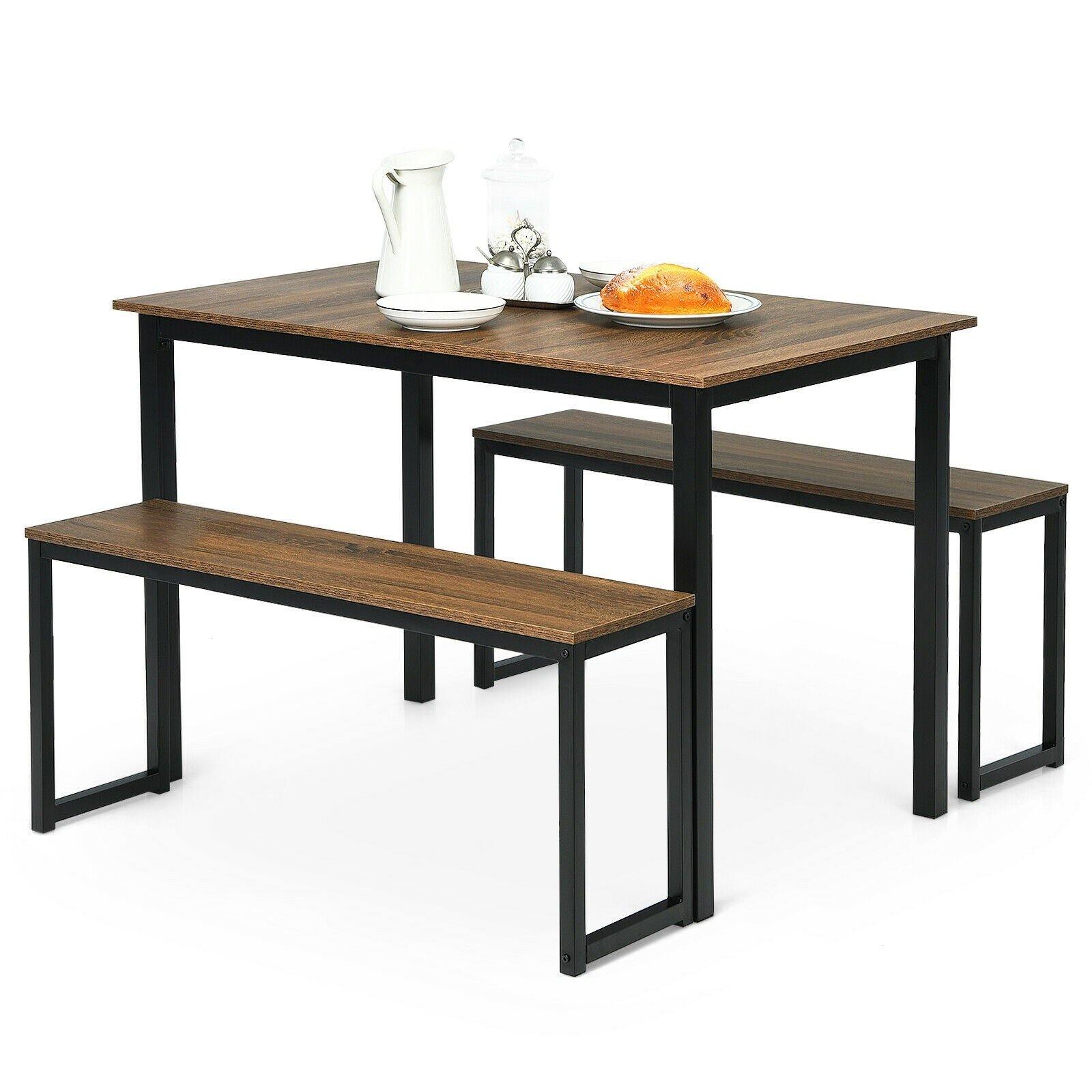3-Piece Dining Table Set with 2 Benches, Kitchen Bench Table Set - Giantexus