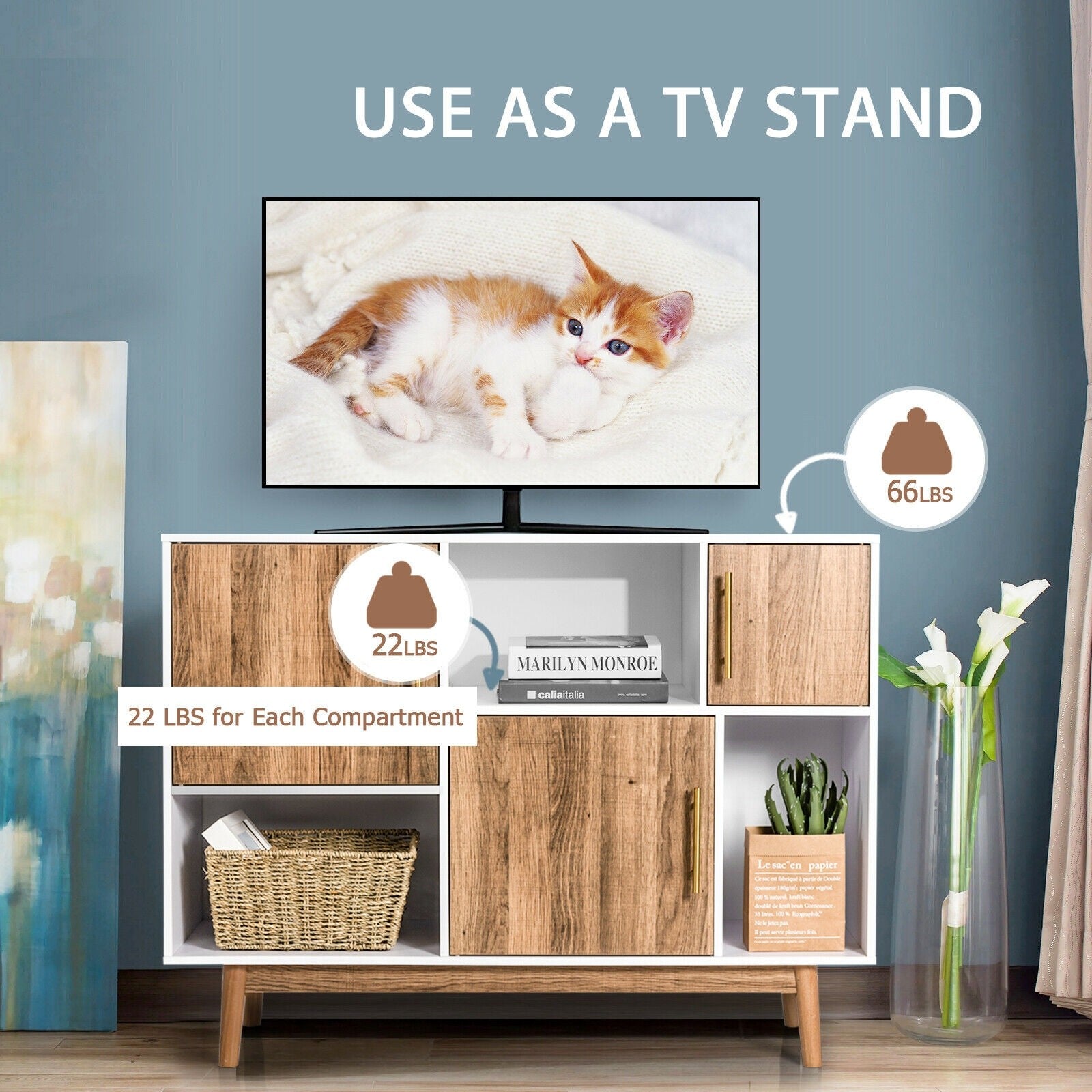Sideboard Storage Cabinet W/Storage Compartments, Doors and Wood Legs