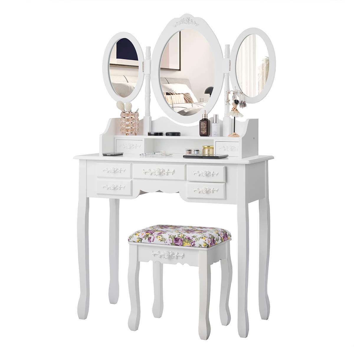 Vanity Set with Tri-Folding Mirror and Cushioned Stool - Giantex