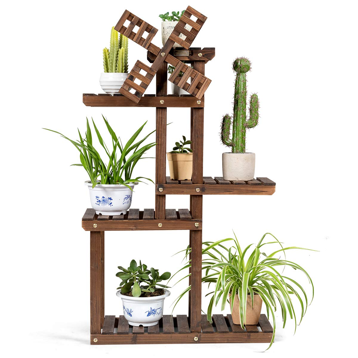 Giantex Wood Plant Stand with Windmill, 5 Tier Multiple Flower Pot Holder Display Shelf for Home Patio Garden Living Room
