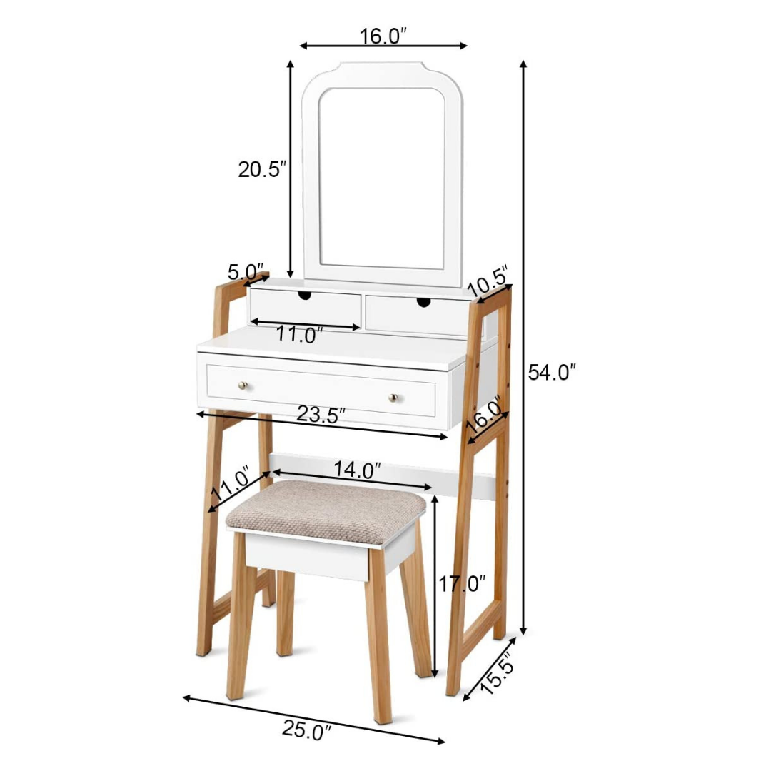 CHARMAID Vanity Set with 2-Tier Tabletop & 3 Drawers, 25inch Dressing Table with Large Mirror and Cushioned Stool - Giantexus