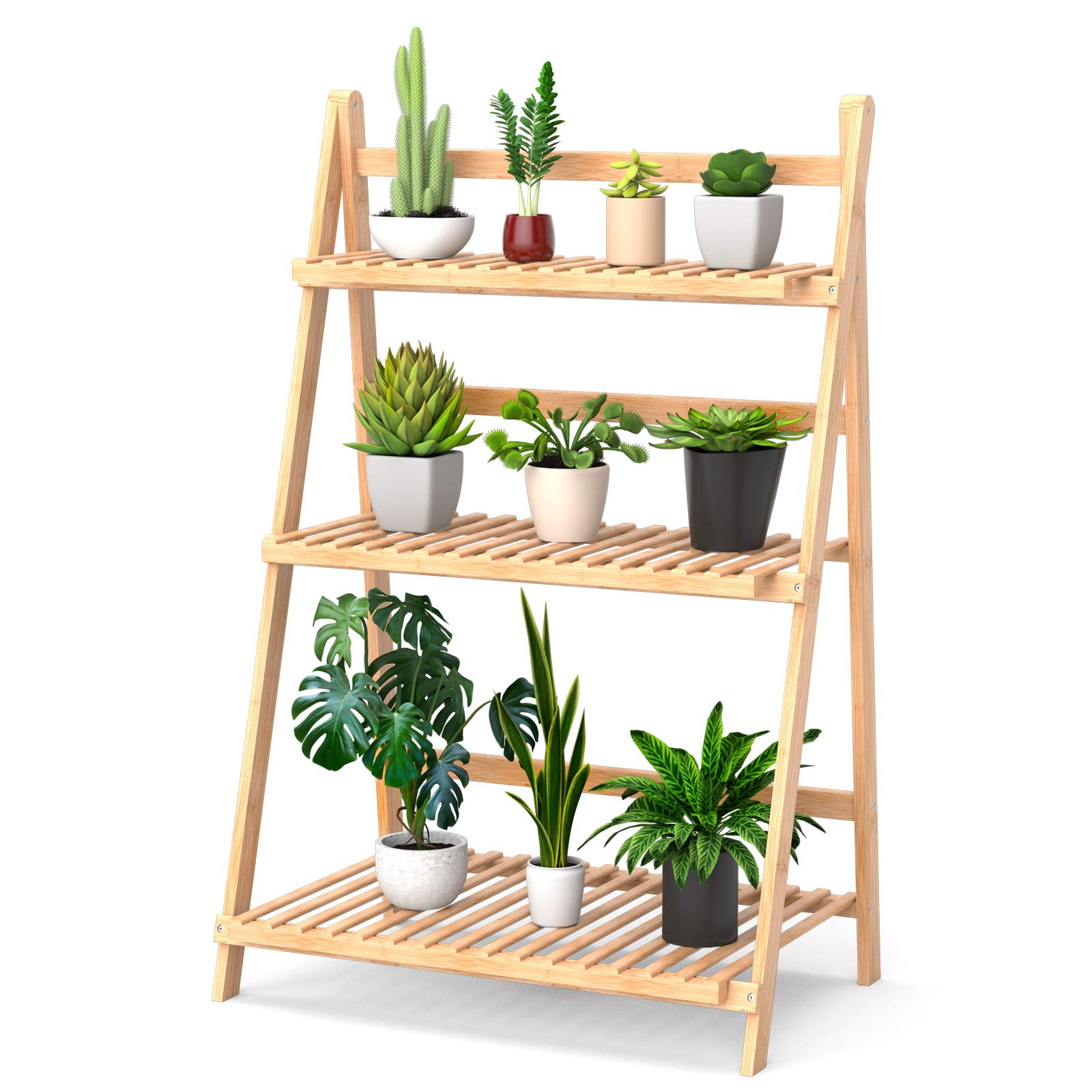Giantex Folding Bamboo Plant Stand, 3-Tier Flower Pot Rack Display Shelf