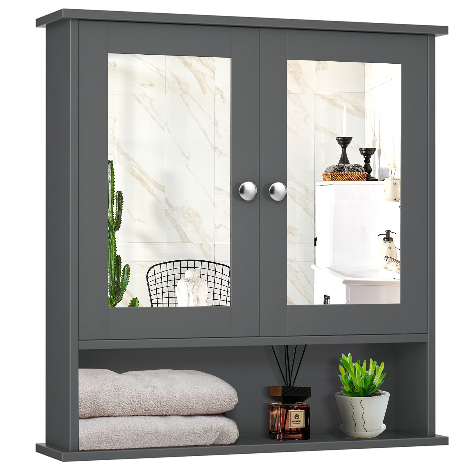 Bathroom Wall Cabinet with 2 Mirror Doors and Adjustable Shelf