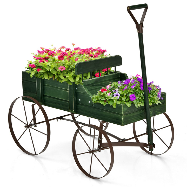 Giantex Decorative Garden Planter, Small Wagon Cart with Metal Wheels, Wood Raised Beds Plant Pot Stand for Backyard Garden Patio 24.5"x13.5"x24"