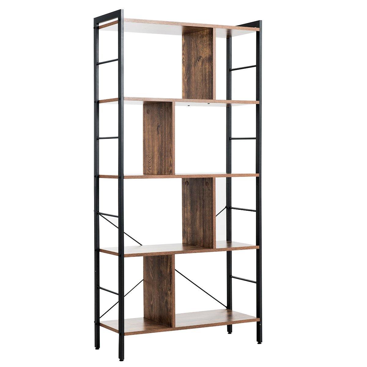 4-Tier Bookshelf, Industrial Style Bookcase with Metal Frame (Rustic Brown) - Giantexus