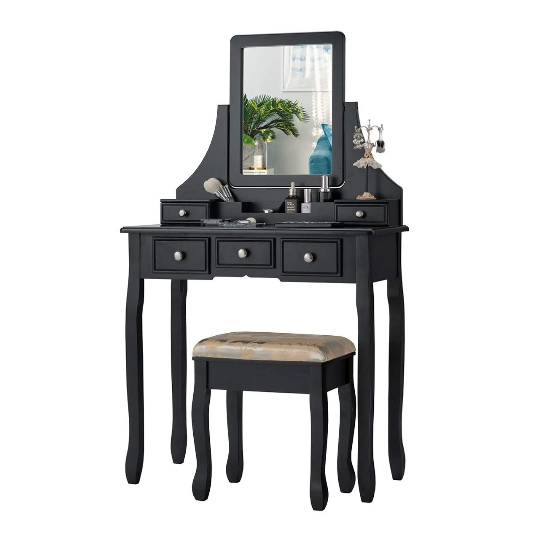 CHARMAID Makeup Vanity Set with Mirror and Cushioned Stool, 5 Drawers and Removable Storage Organizers - Giantexus