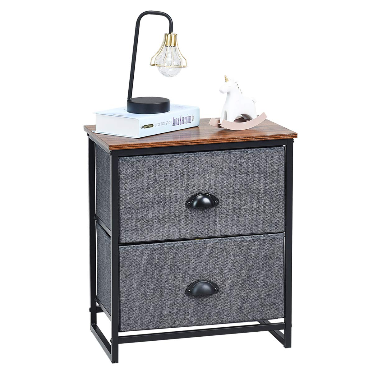 Giantex Nightstand W/Fabric Drawers, Sturdy Steel Frame and Wood Top Organizer Unit