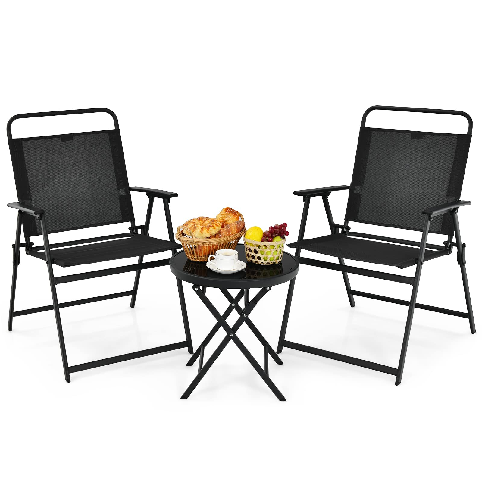 Giantex 3-Piece Patio Table Set, Folding Bistro Set with Tempered Glass Round Table and 2 Lawn Chairs