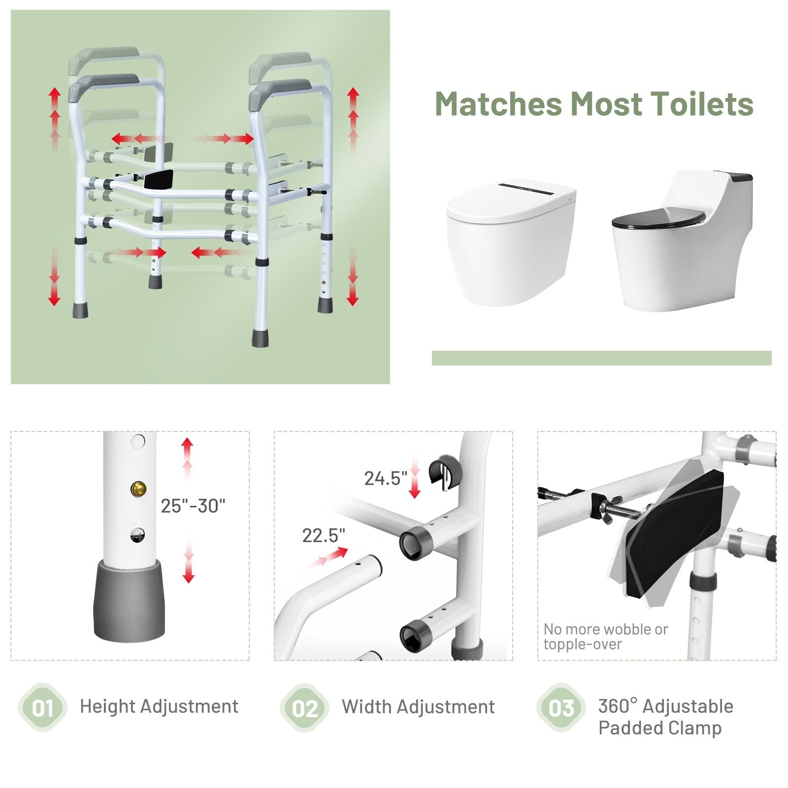 Toilet Safety Rail Free Standing Safety Assist Frame W/ 360 degree Rotatable Clip