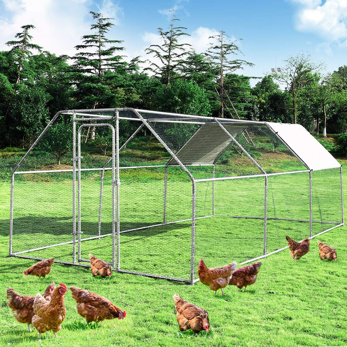 Giantex Large Metal Chicken Coop Walk-in Chicken Coops Hen Run House Shade Cage with Waterproof and Anti-Ultraviolet Cover for Outdoor Backyard