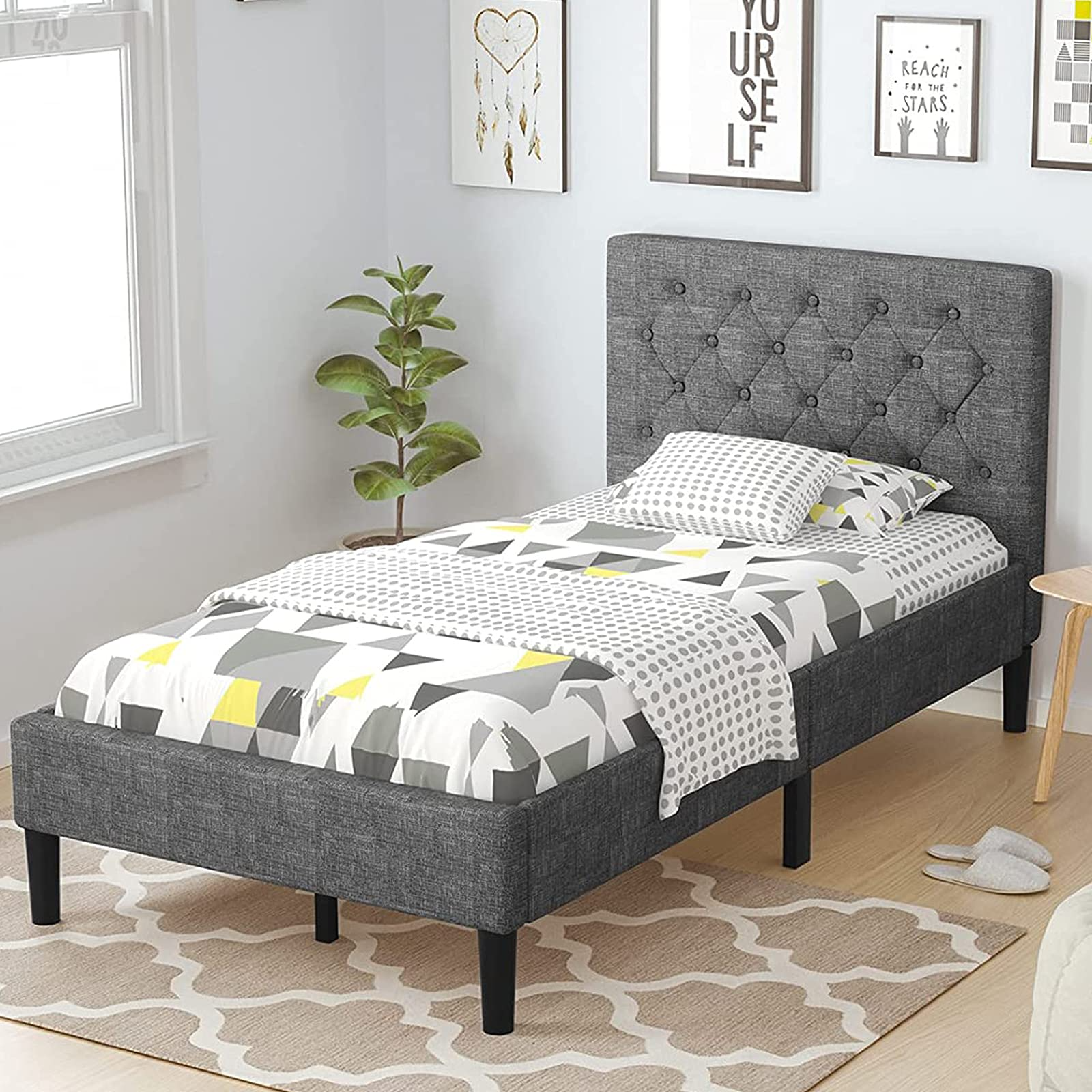Elegant & Modern Style Upholstered Stable Bed Base with Button Stitched Headboard